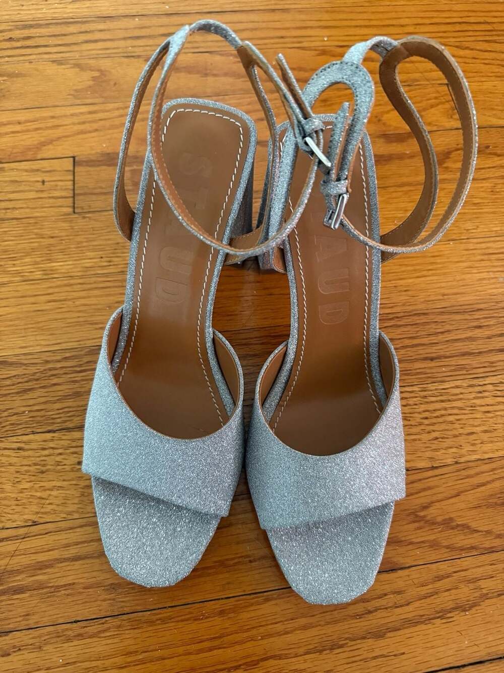Staud Silver Glitter Block Heel Sandals Size 40